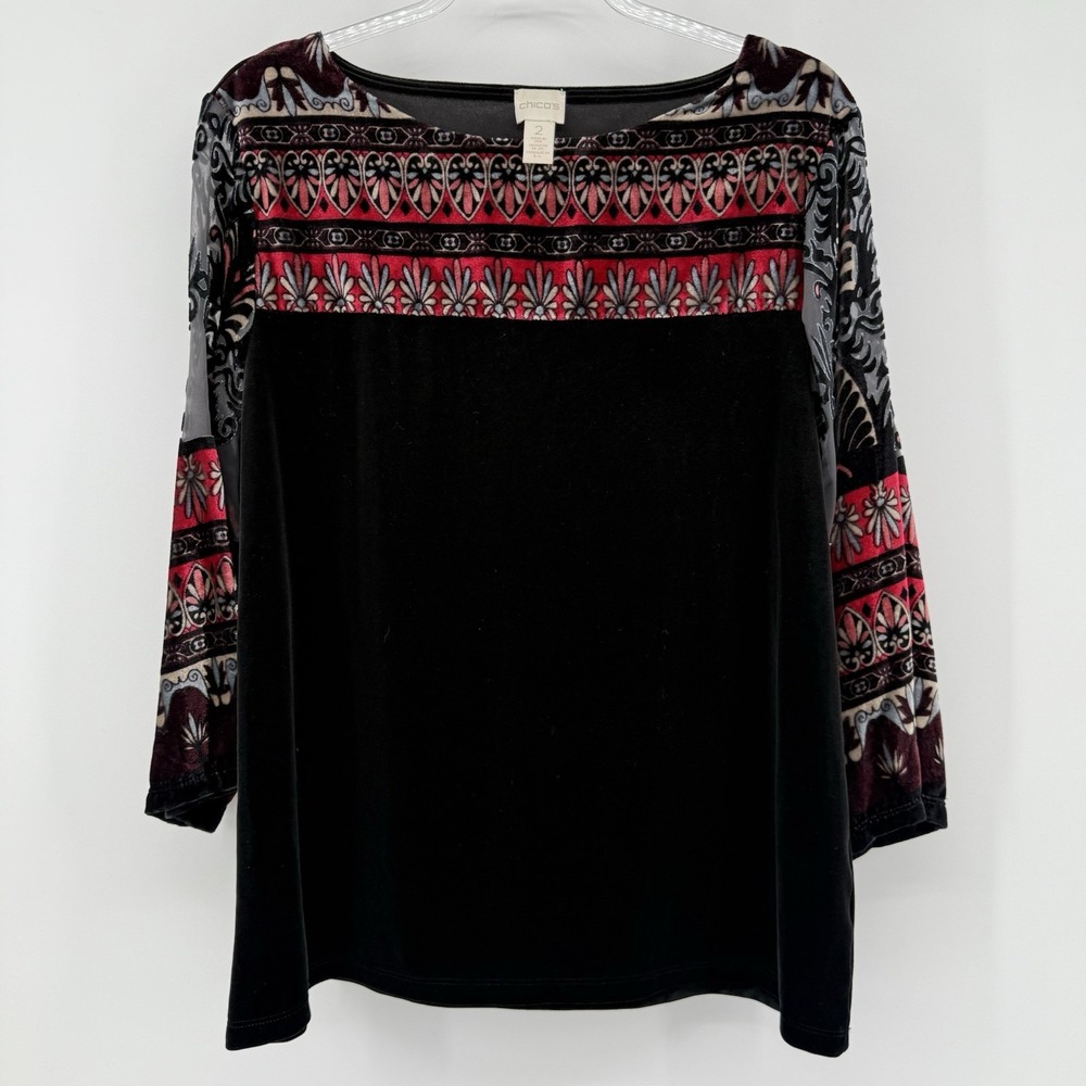 Chicos Velvet Burnout Black Top Womens Size 2 Artsy Whimsigoth